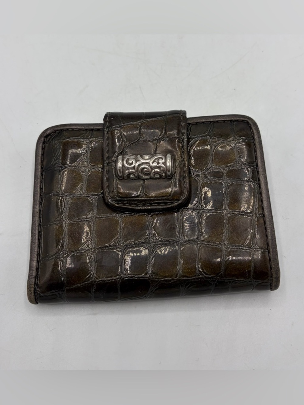 Brighton Croc-Embossed Wallet in Dark Brown with Silver-Tone Accent